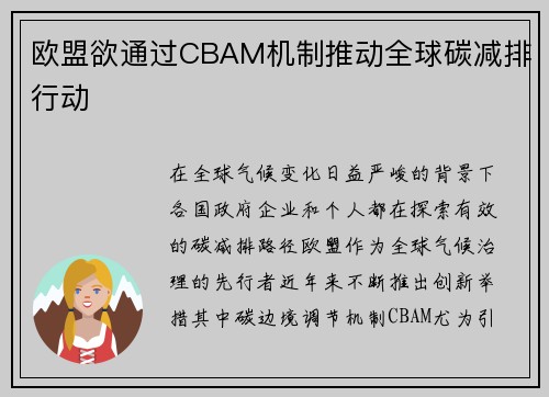 欧盟欲通过CBAM机制推动全球碳减排行动