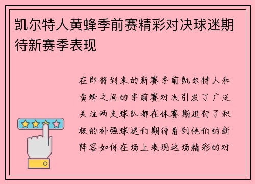 凯尔特人黄蜂季前赛精彩对决球迷期待新赛季表现