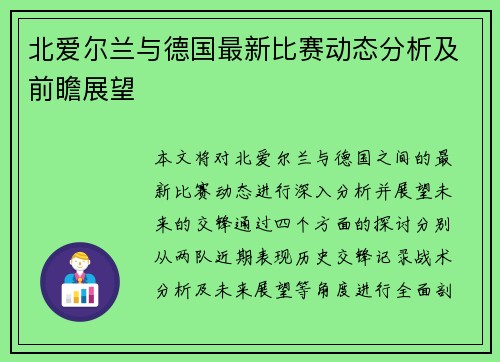 北爱尔兰与德国最新比赛动态分析及前瞻展望