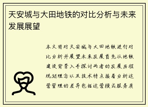 天安城与大田地铁的对比分析与未来发展展望