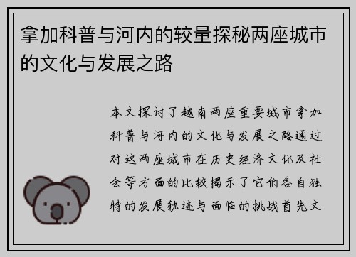 拿加科普与河内的较量探秘两座城市的文化与发展之路