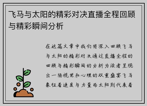 飞马与太阳的精彩对决直播全程回顾与精彩瞬间分析